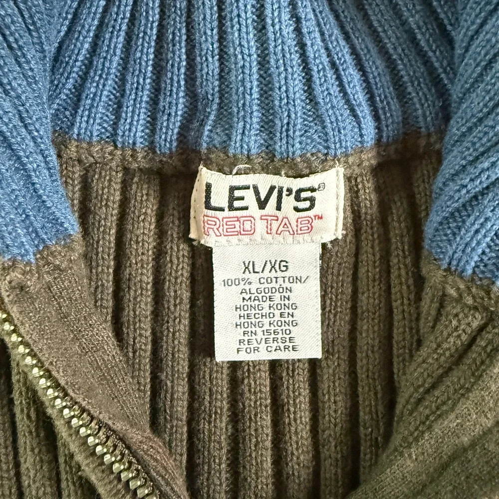 VTG Levi's Red Tab 1/4 Zip Sweater Ribbed Knit Olive Green Blue Collar XL/XG